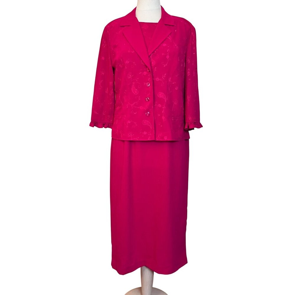 Sag Harbor Womens Hot Pink Fuschia 2 Piece Dress Suit Jacket Size 8‎ Embroidered